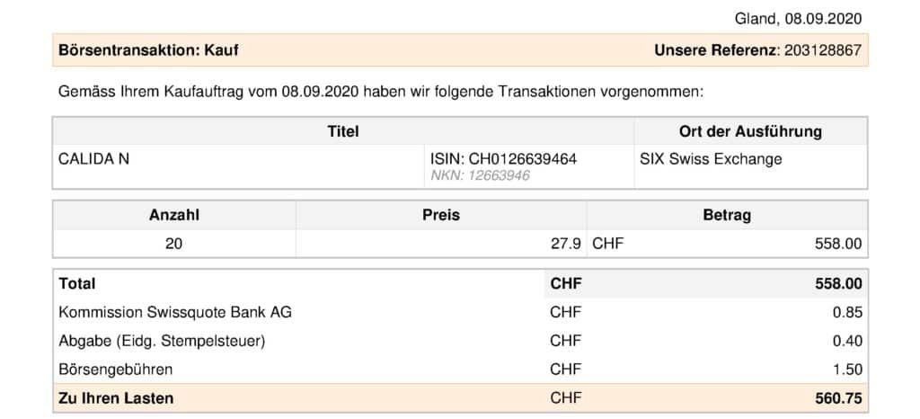 Börsentransaktion Calida vom 08.09.2020 für das gratis Calida Pyjama -