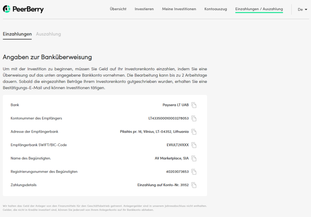 Bild Peerberry Banküberweisung -