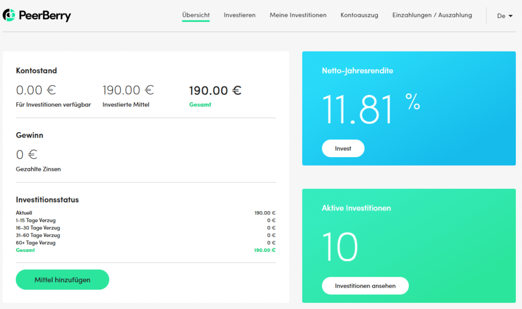 P2P Peerberry einrichten die Übersicht -