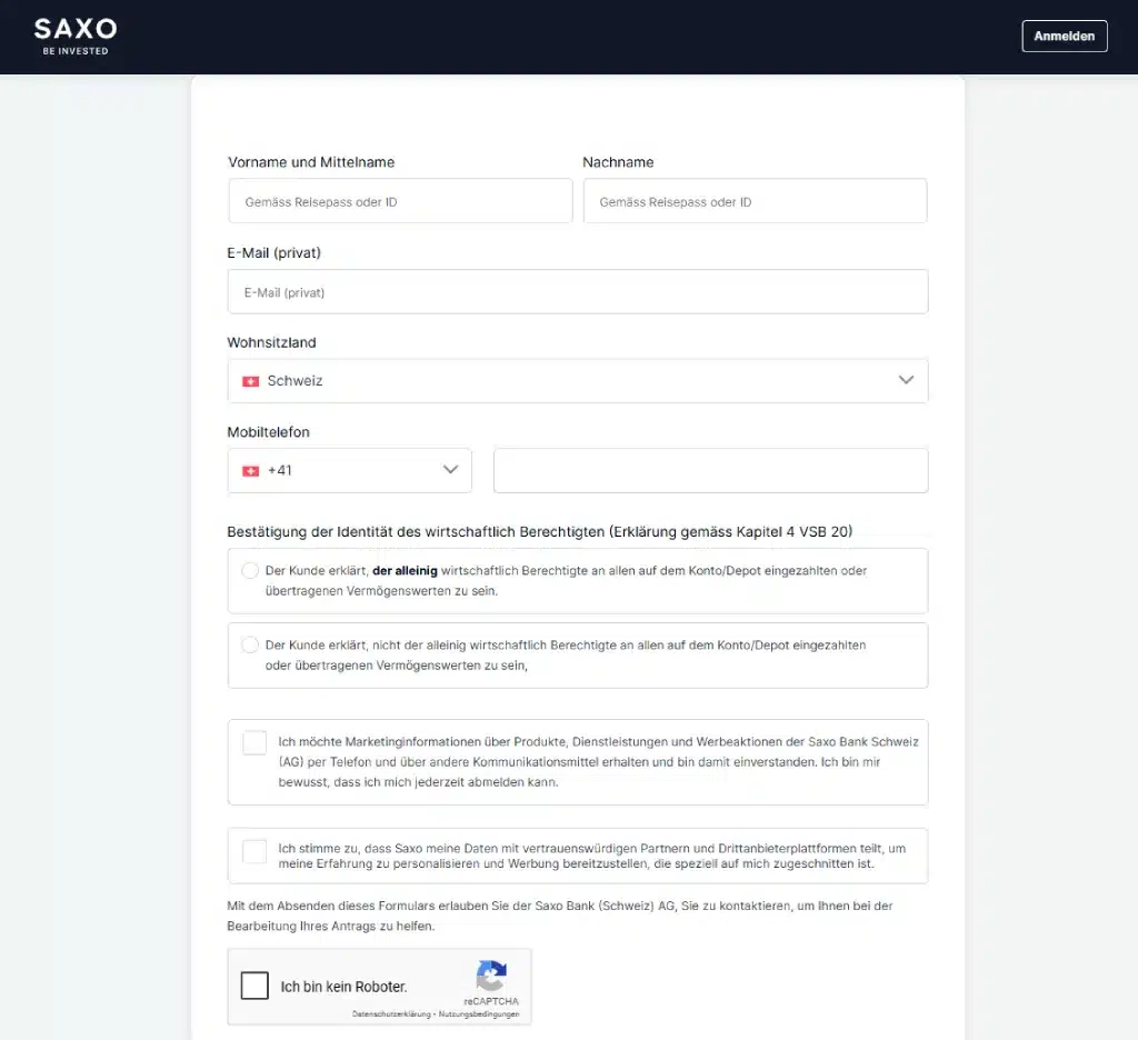 Online Formular für die Saxo Bank Konto Eröffnung