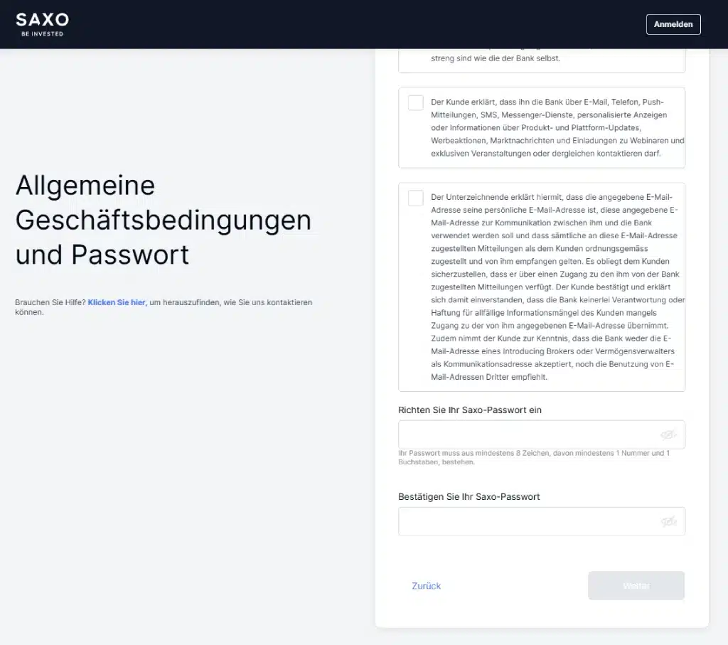 Saxo Anmeldung Passwort definieren